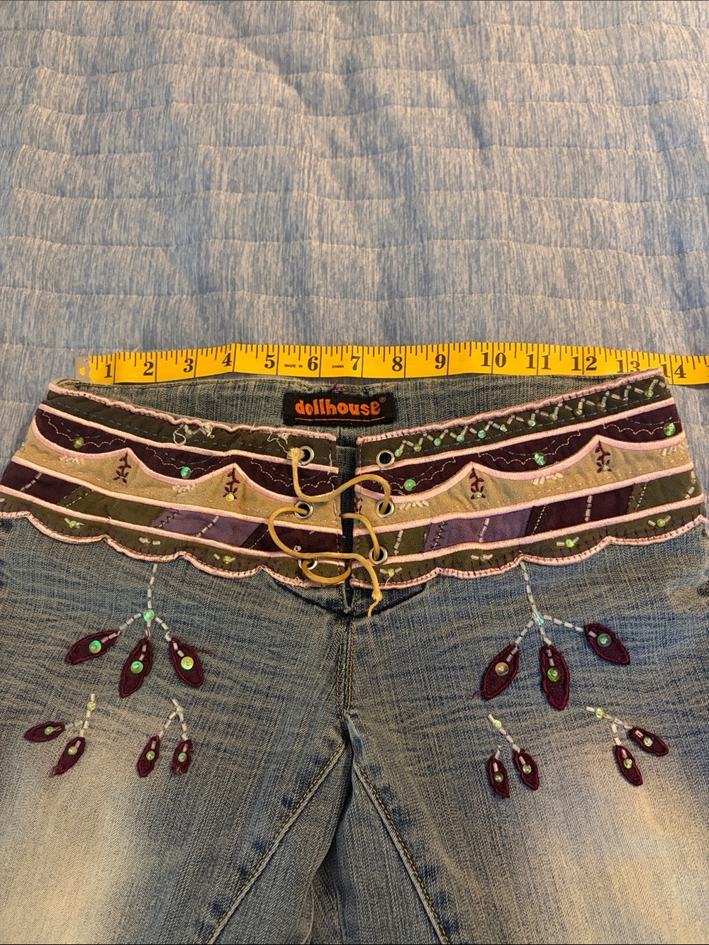 Dollhouse Light Blue Faded Flare Jeans with Embroidered Multicolor Waist - Picture 5 of 8